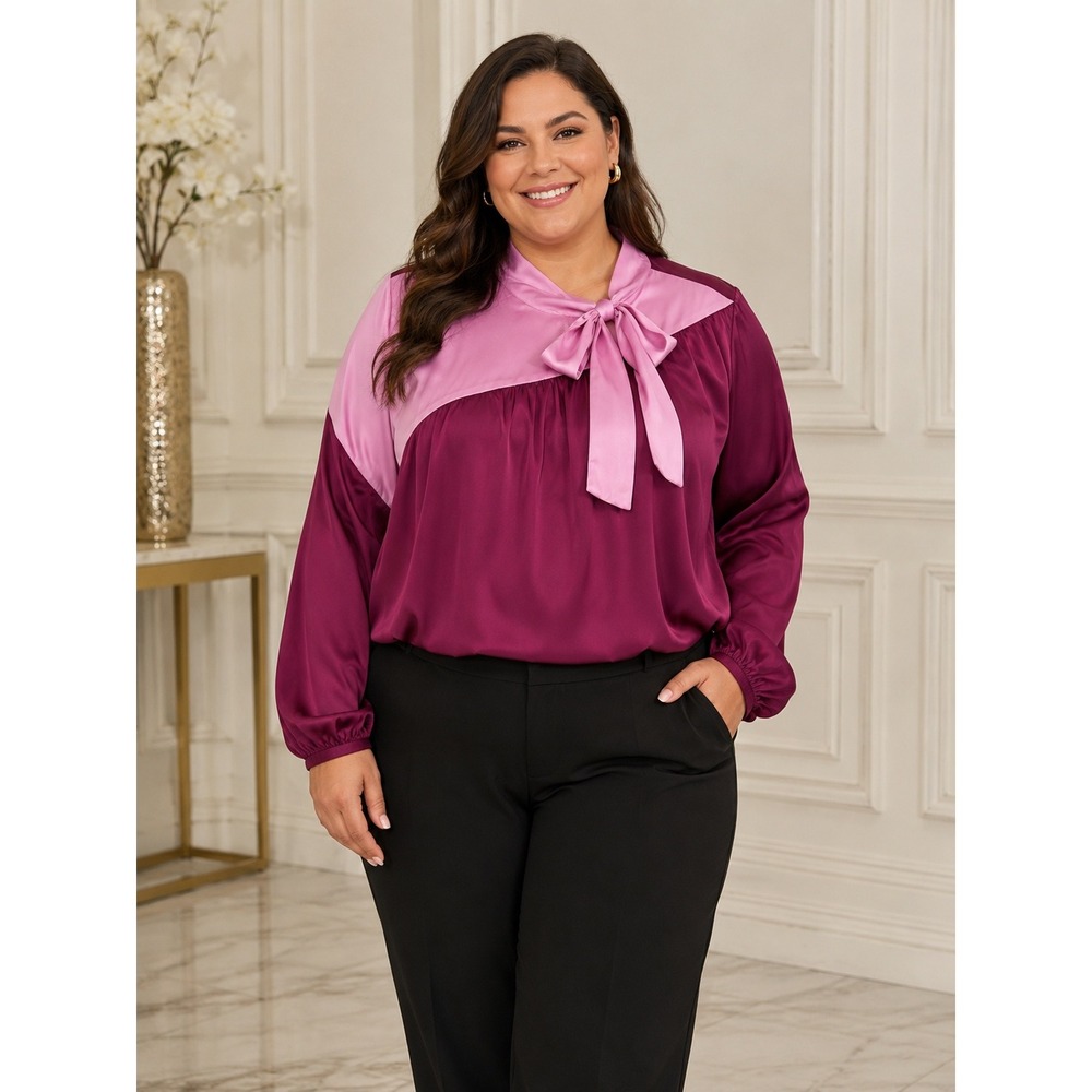 Eloquii Womens Plus Size 22 Colorblock Satin Tie Neck Blouse Pink Berry Party